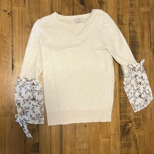 Loft thin cream sweater with floral sleeves